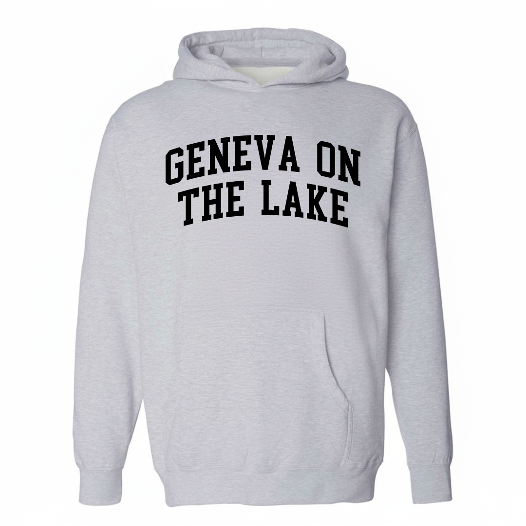 Heather-gray hoodie with the Geneva-on-the-Lake varsity arched lettering design on the chest.