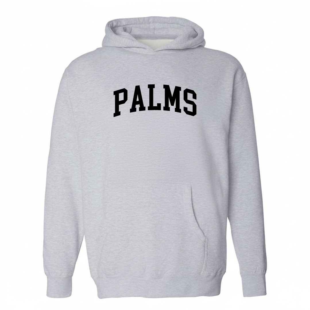 Heather-gray hoodie with the Palms varsity arched lettering design on the chest.