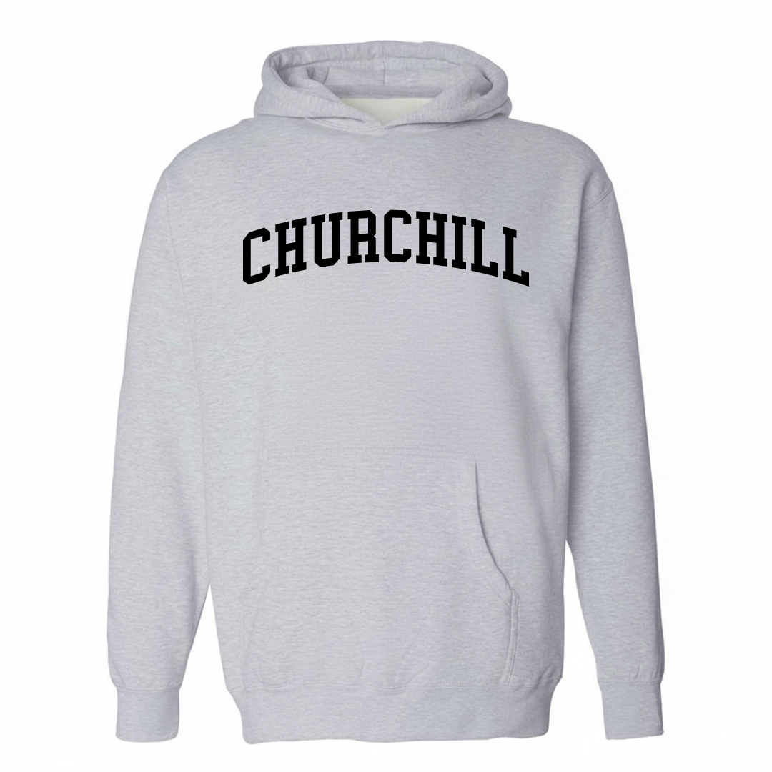 Heather-gray hoodie with the Churchill arched varsity lettering design on the chest.