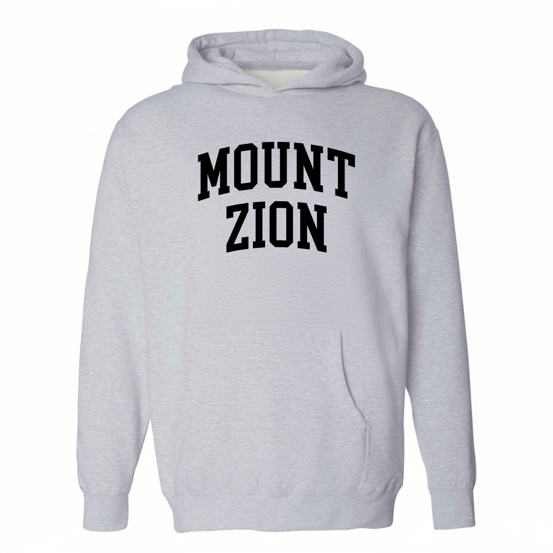 Heather-gray hoodie with the Mount Zion arched varsity lettering design on the chest.