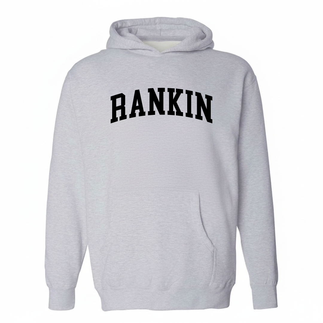 Heather-gray hoodie with the Rankin arched lettering varsity-collegiate design on the chest.