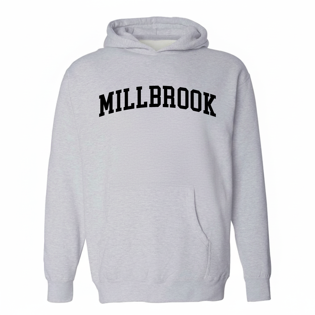 Heather-gray hoodie with the Millbrook varsity arched lettering design on the chest.