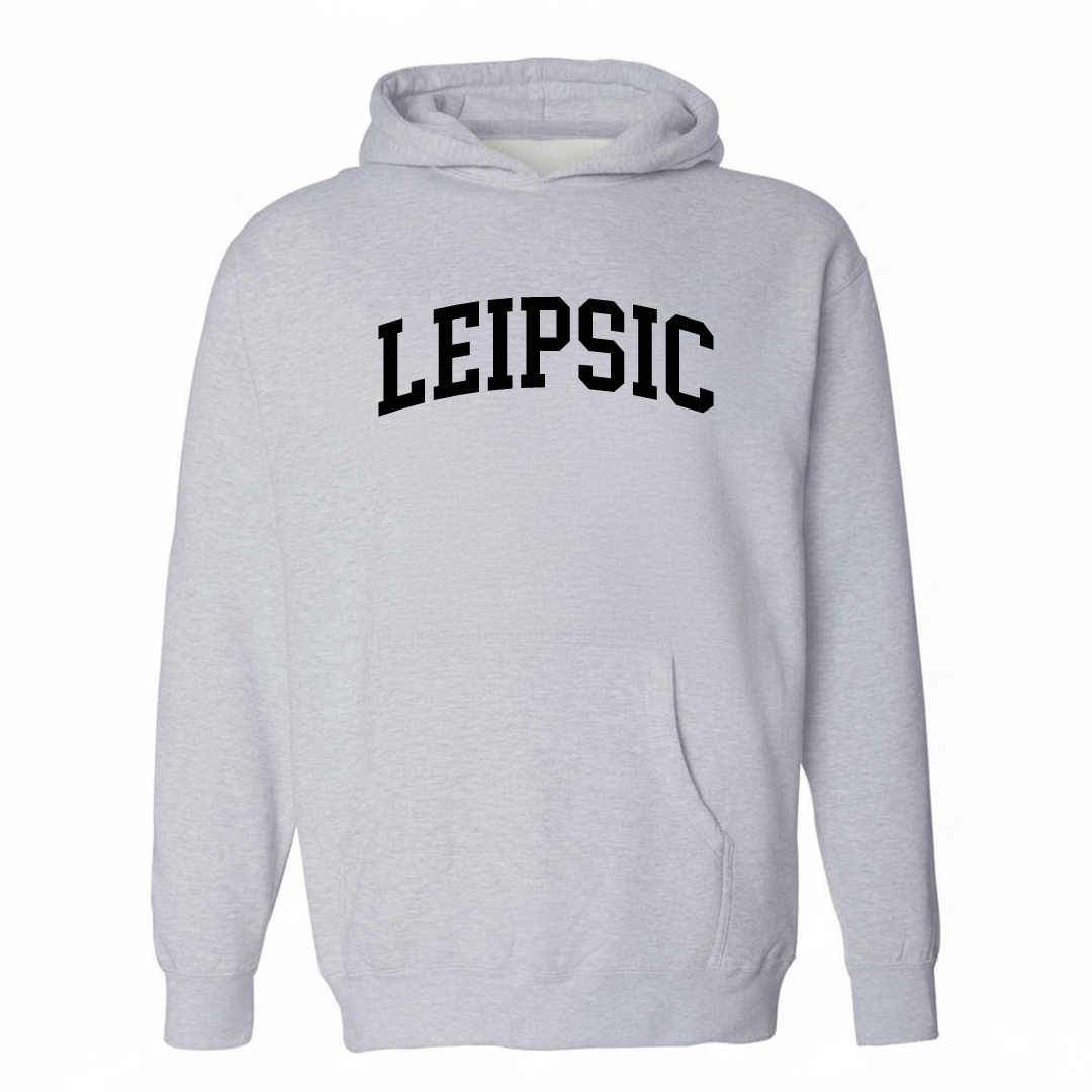 Heather-gray hoodie with the Leipsic varsity arched lettering design on the chest.