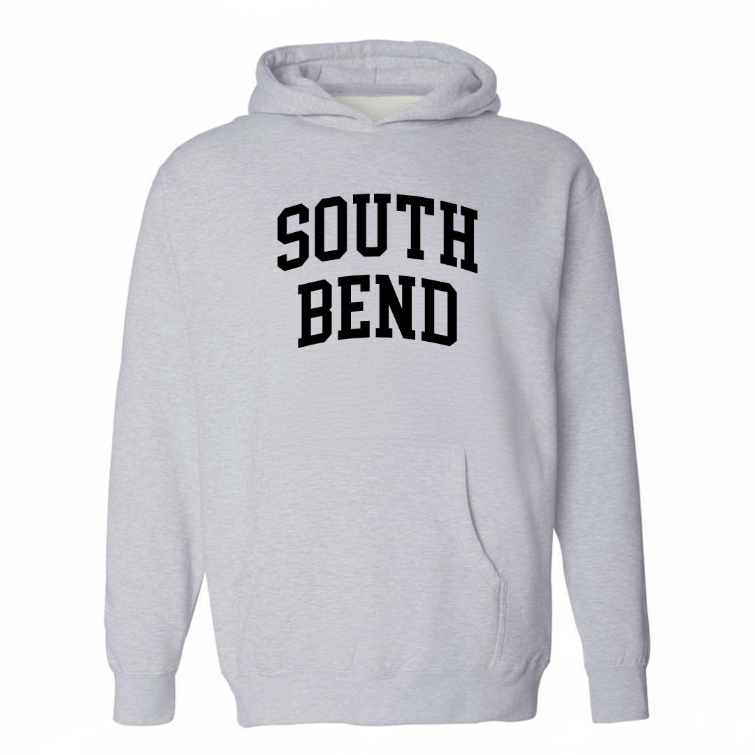 Heather-gray hoodie with the South Bend arched lettering design on the chest.