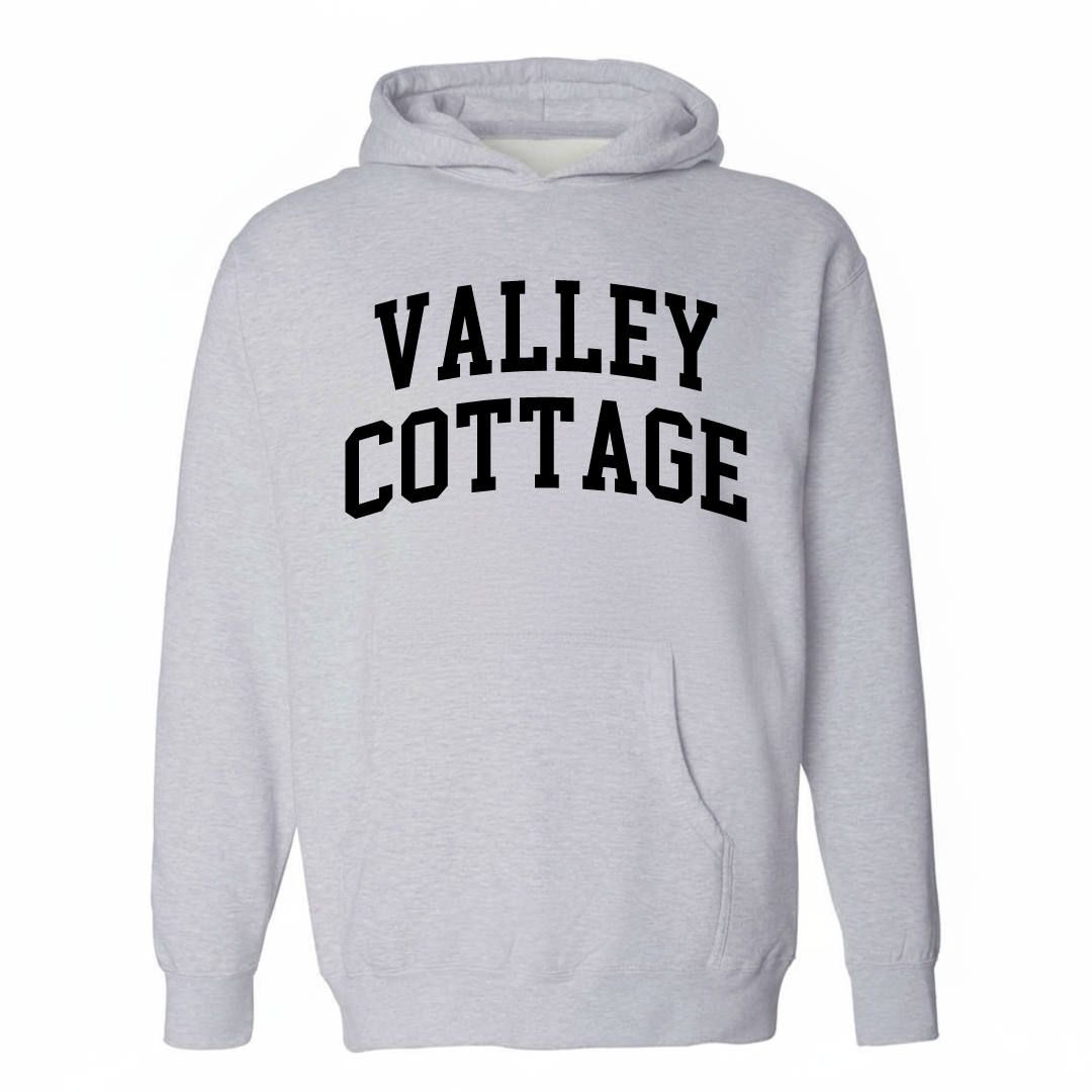 Heather-gray hoodie with the Valley Cottage varsity arched lettering design on the chest.