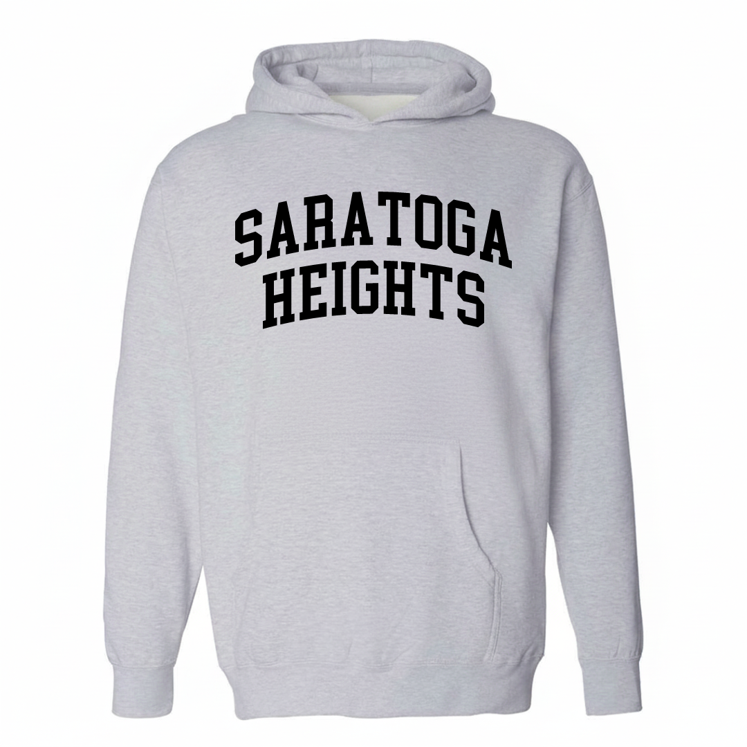 Heather-gray hoodie with the Saratoga Heights arched varsity lettering design on the chest.
