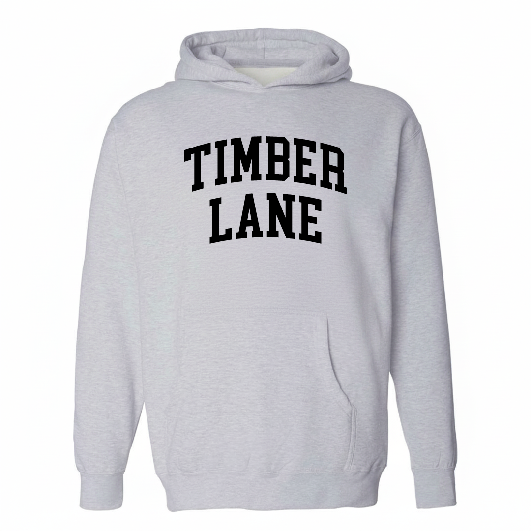 Heather-gray hoodie with the Timber Lane varsity arched lettering design on the chest.