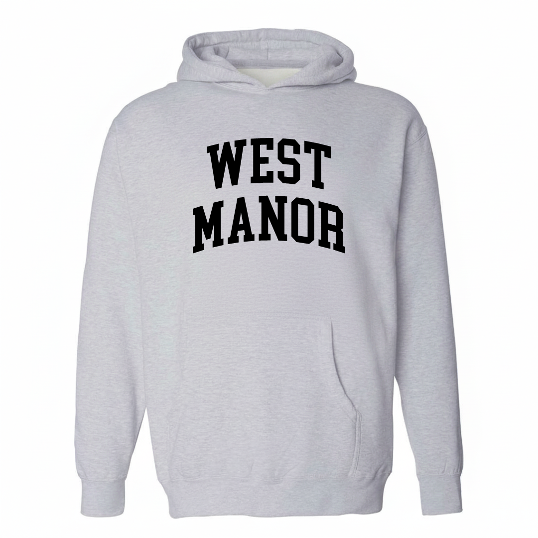 Heather-gray hoodie with the West Manor varsity arched lettering design on the chest.