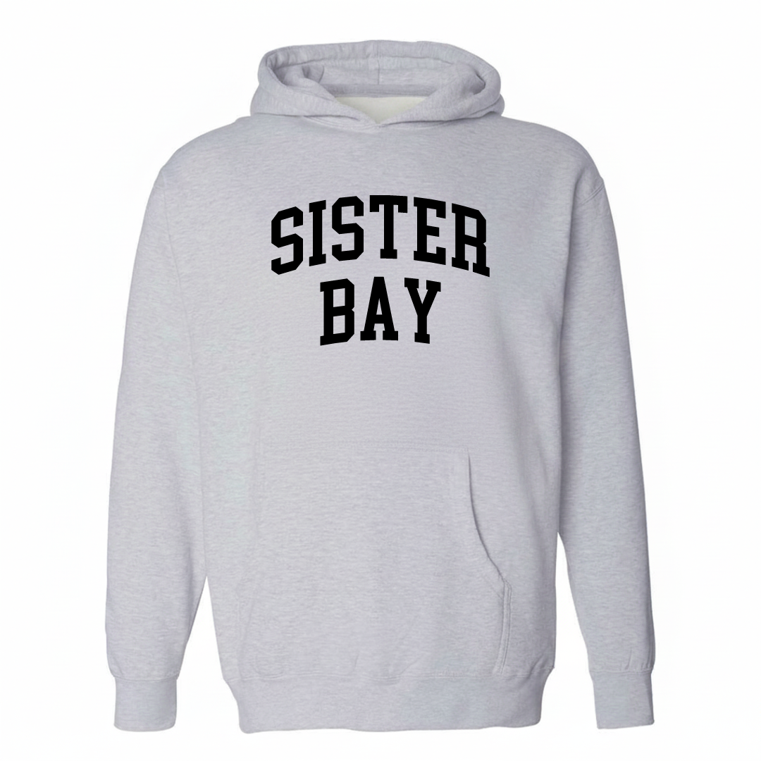 Heather-gray hoodie with the Sister Bay arched lettering varsity-collegiate design on the chest.