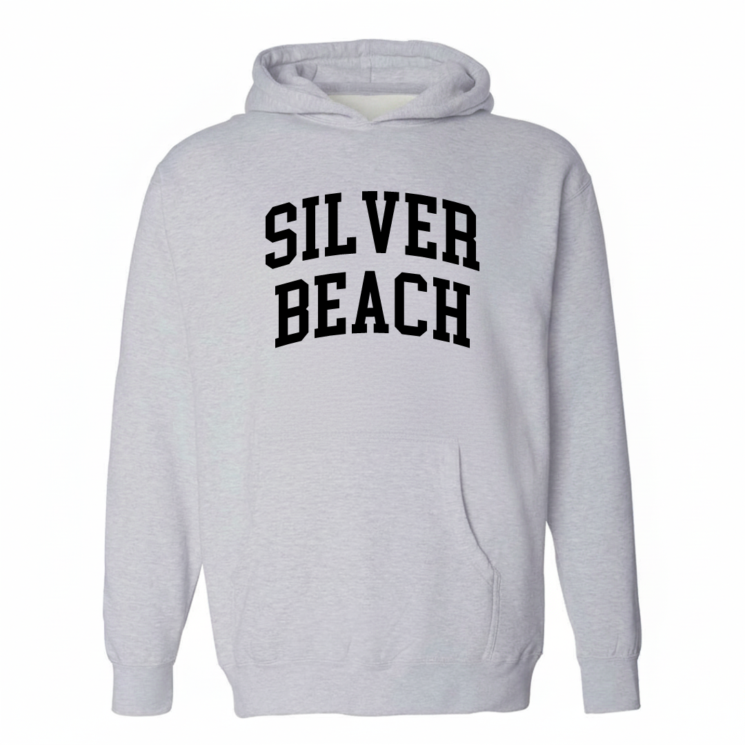 Heather-gray hoodie with the Silver Beach arched lettering varsity-collegiate design on the chest.