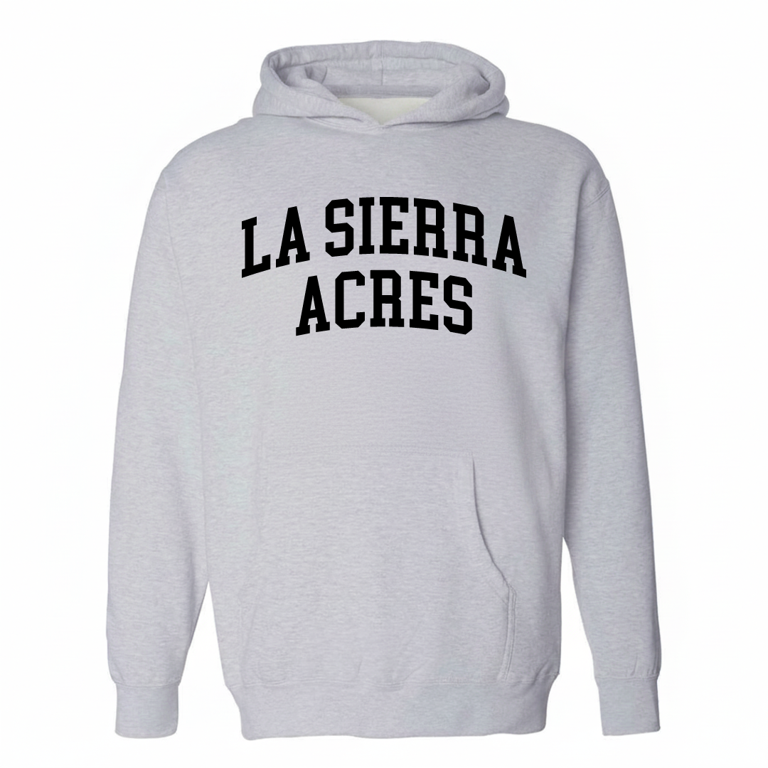 Heather-gray hoodie with the La Sierra Acres varsity arched lettering design on the chest.