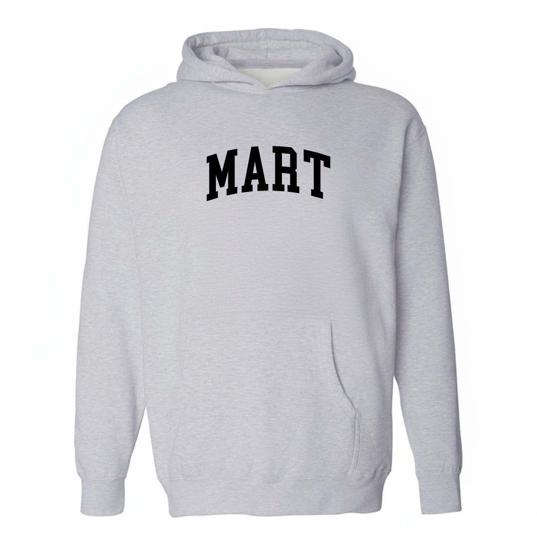 Heather-gray hoodie with the Mart, TX varsity arched lettering design on the chest.
