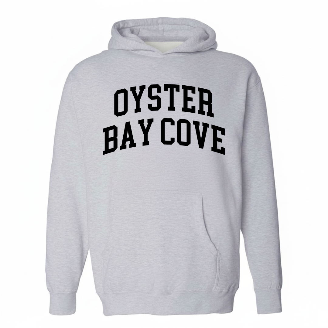 Heather-gray hoodie with the Oyster Bay Cove varsity arched lettering design on the chest.
