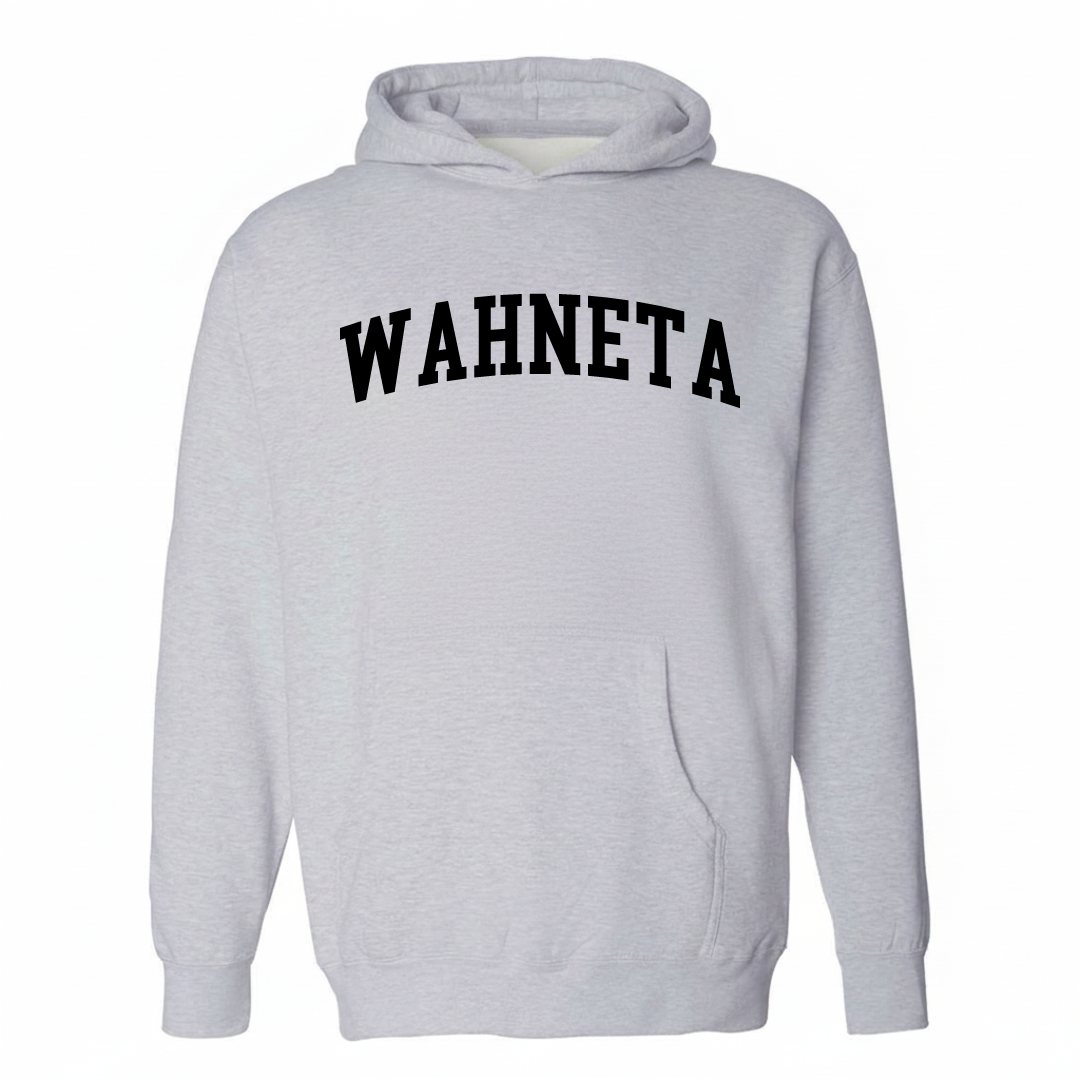 Heather-gray hoodie with the Wahneta varsity arched lettering design on the chest.
