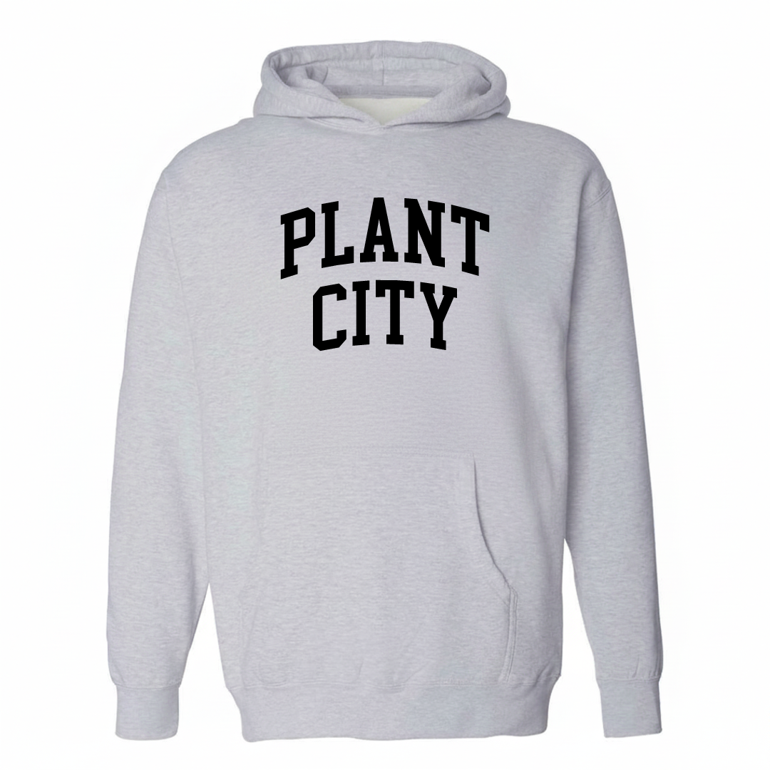 Heather-gray hoodie with the Plant City arched lettering varsity-collegiate design on the chest.