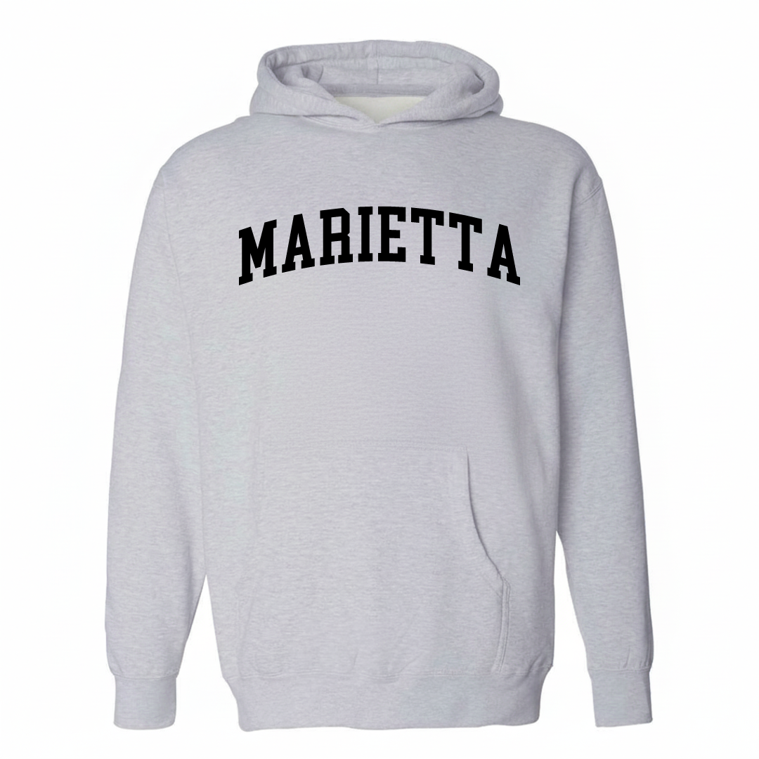 Heather-gray hoodie with the Marietta varsity arched lettering design on the chest.