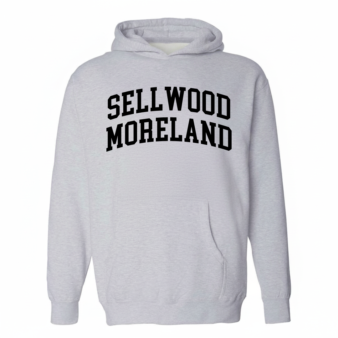 Heather-gray hoodie with the Sellwood-Moreland varsity arched lettering design on the chest.