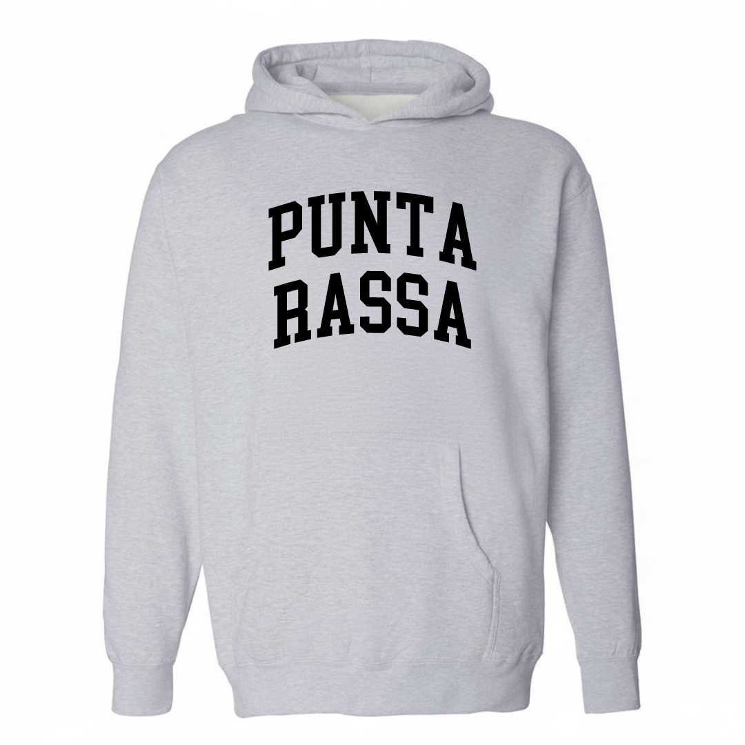 Heather-gray hoodie with the Punta Rassa varsity arched lettering design on the chest.