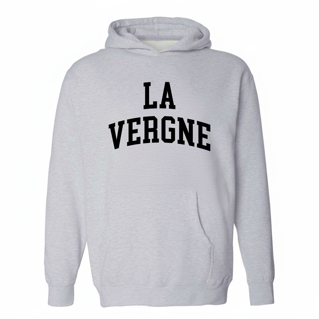 Heather-gray hoodie with the La Vergne varsity arched lettering design on the chest.