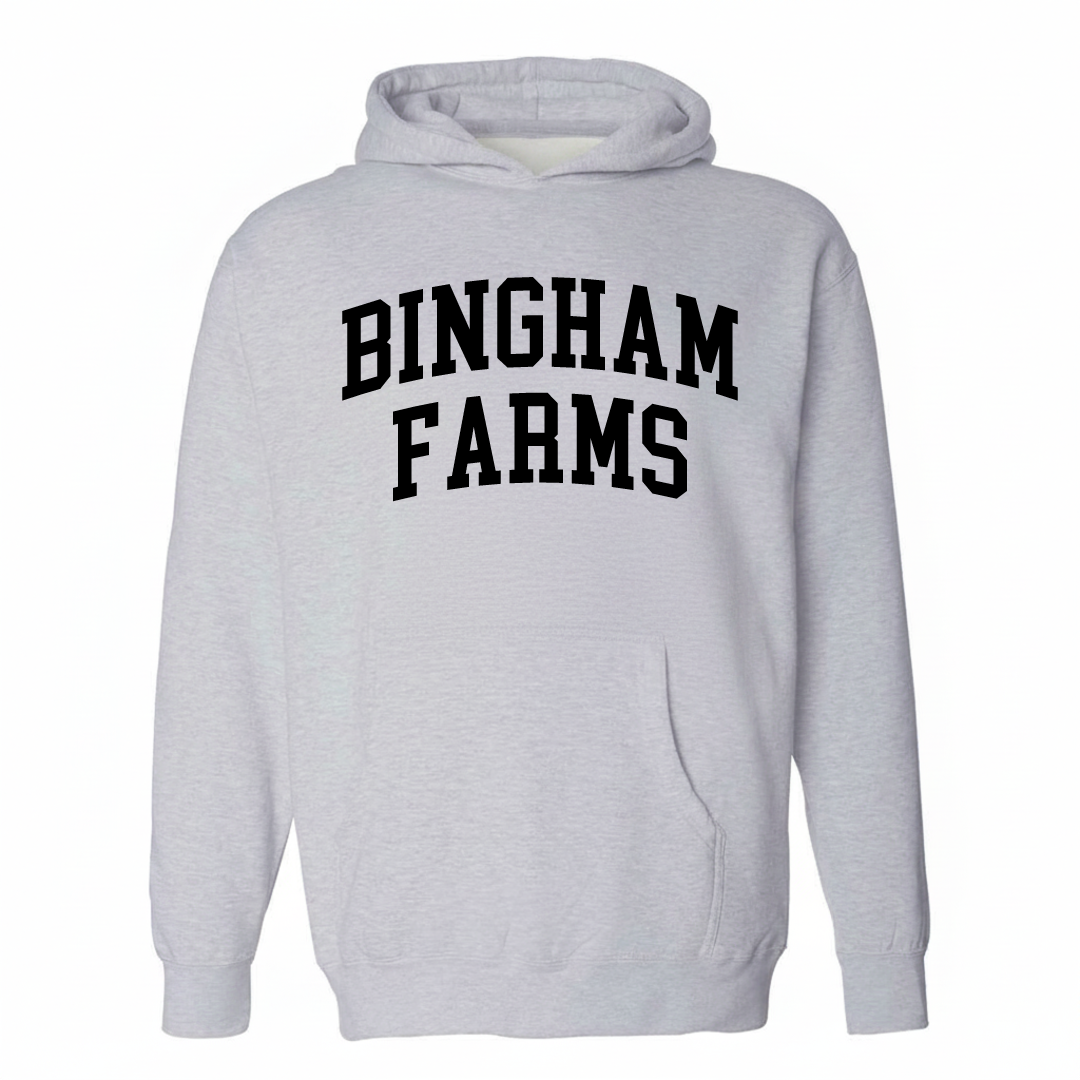 Heather-gray hoodie with the Bingham Farms varsity arched lettering design on the chest.