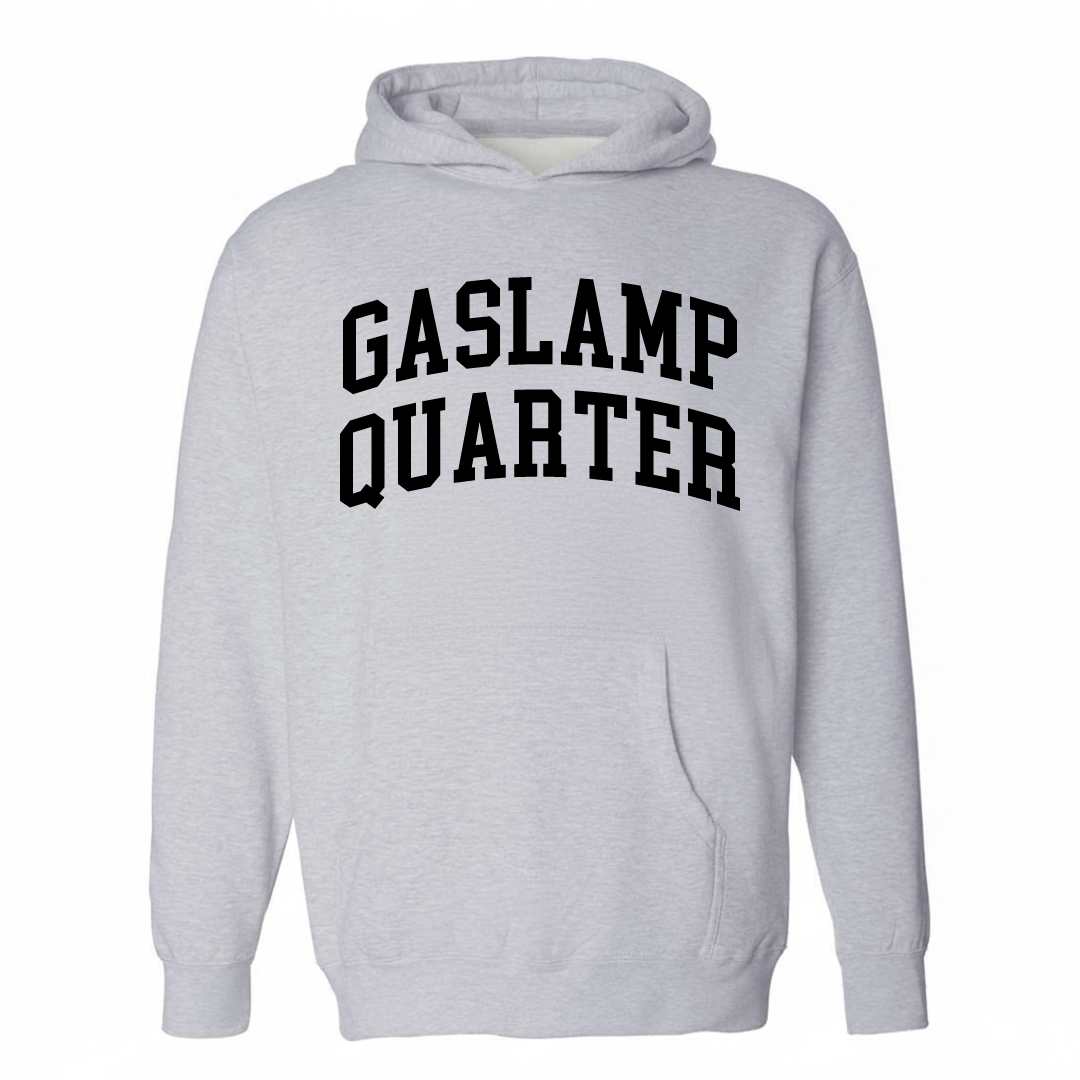 Heather-gray hoodie with the Gaslamp Quarter varsity arched lettering design on the chest.