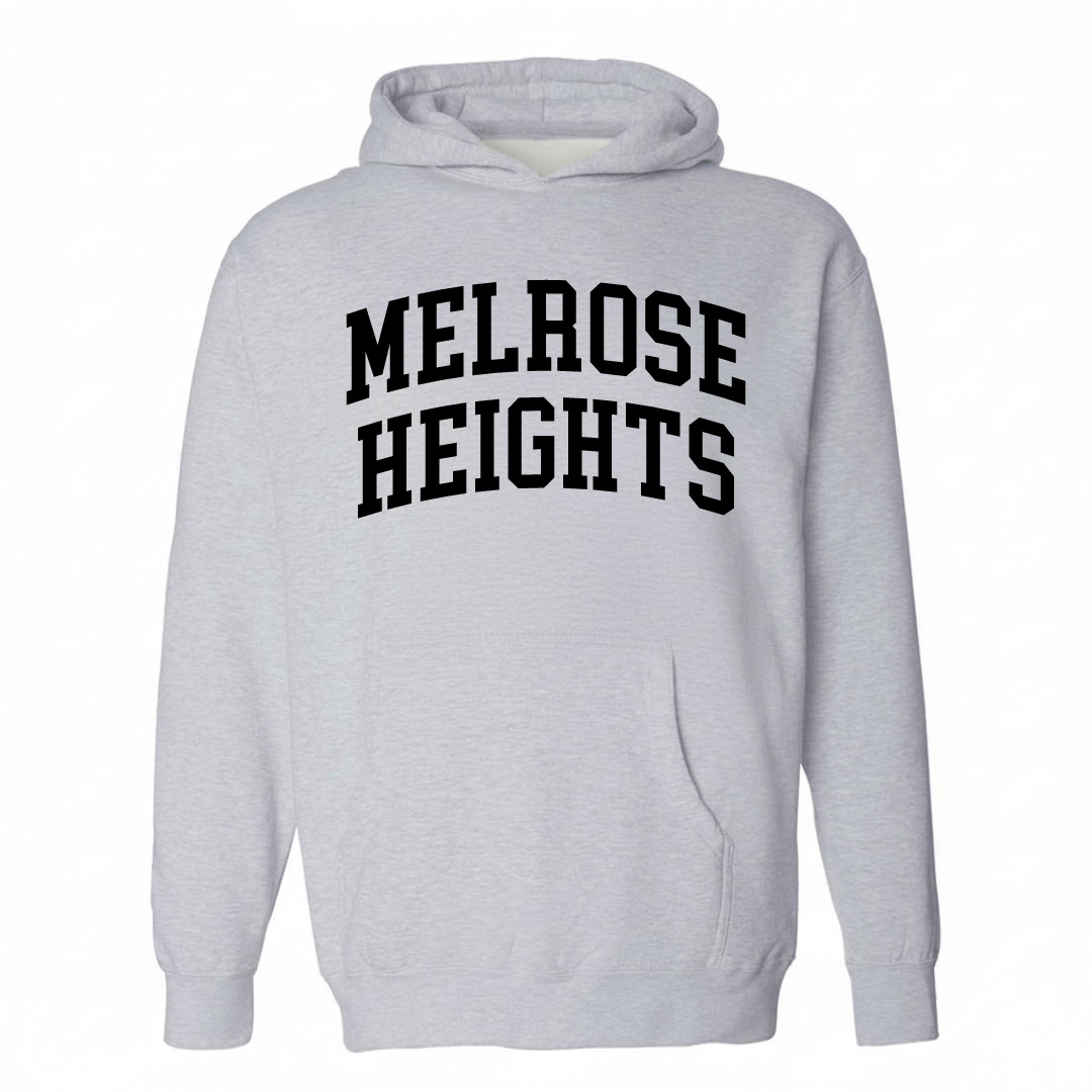 Heather-gray hoodie with the Melrose Heights arched lettering design on the chest.