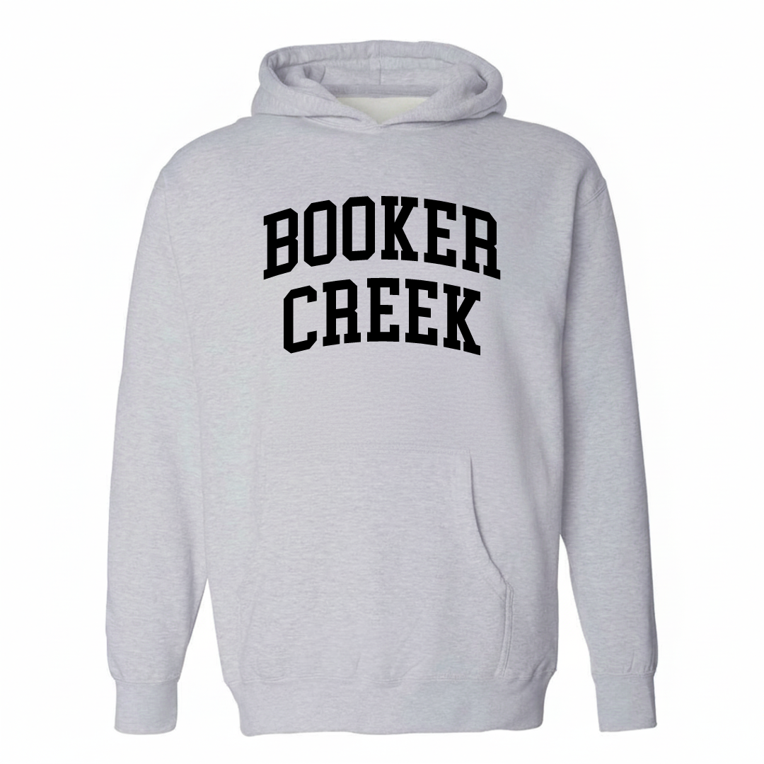 Heather-gray hoodie with the Booker Creek varsity arched lettering design on the chest.