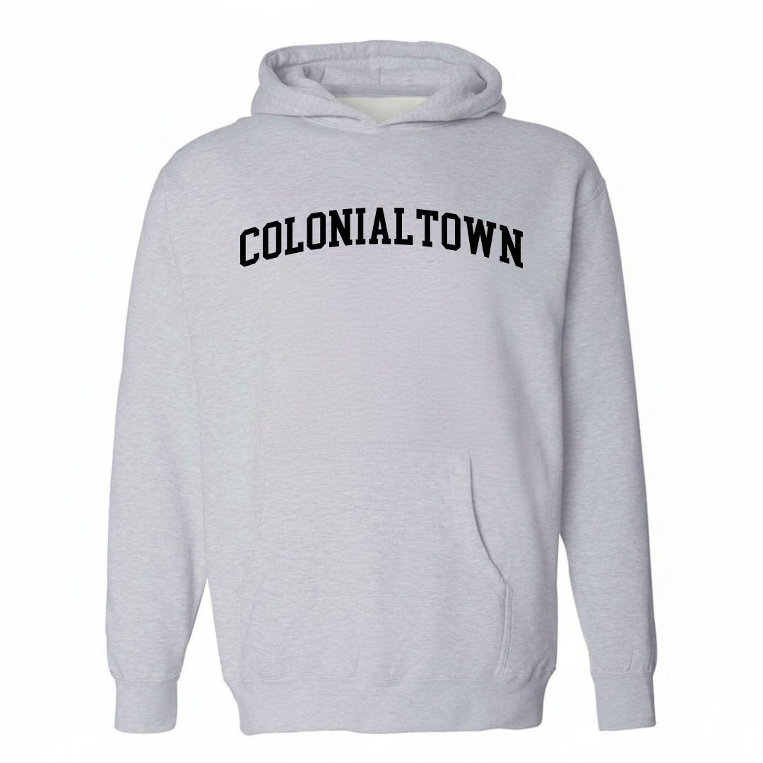 Heather-gray hoodie with the Colonialtown arched varsity lettering design on the chest.
