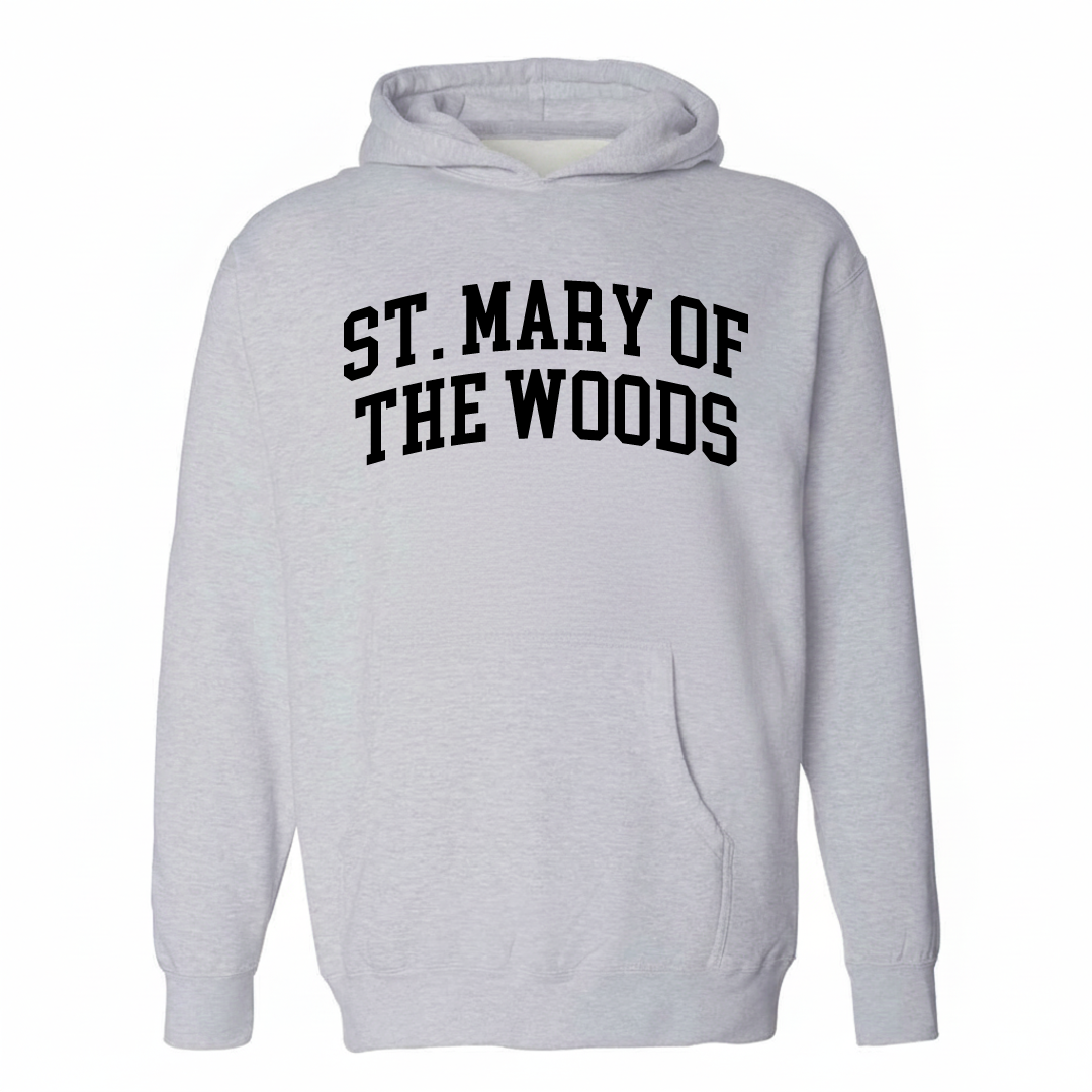 Heather-gray hoodie with the St. Mary of the Woods varsity arched lettering design on the chest.
