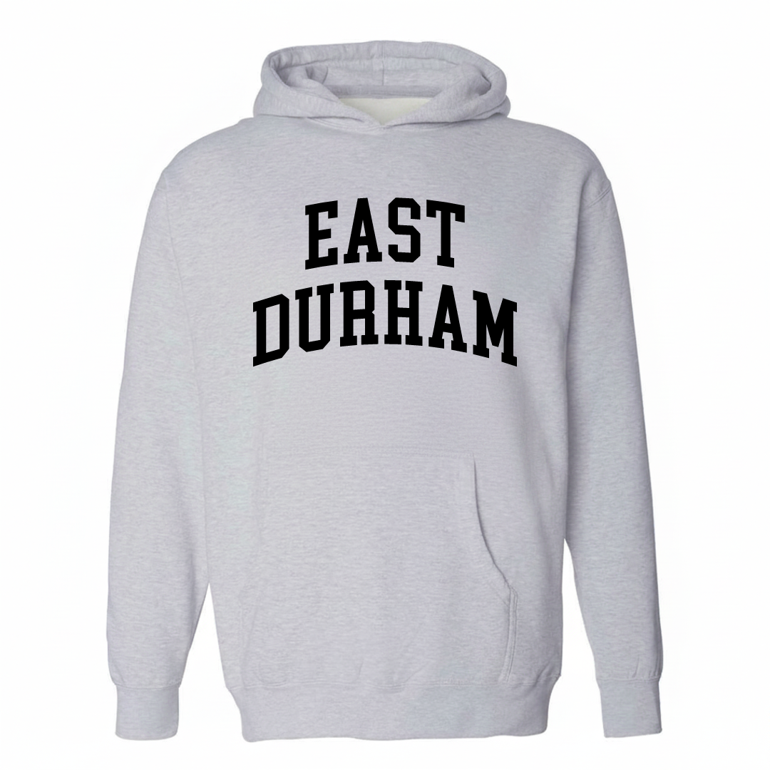 Heather-gray hoodie with the East Durham varsity arched lettering design on the chest.