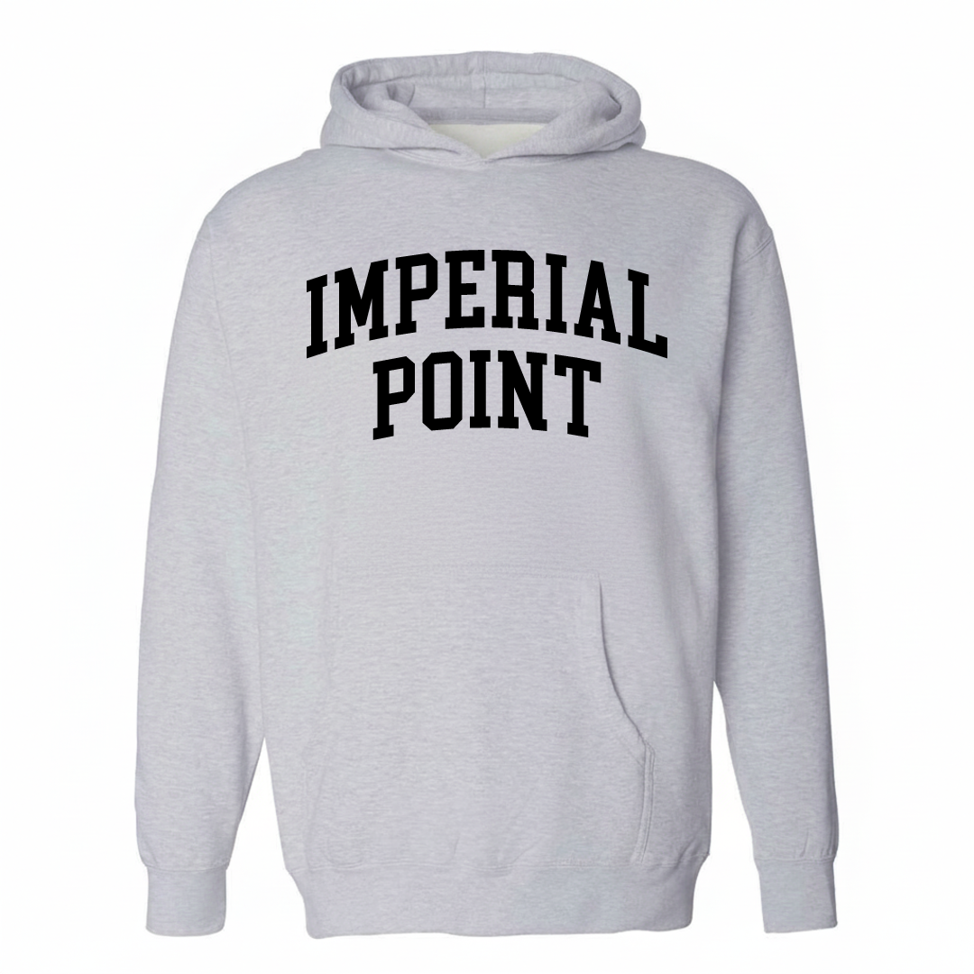 Heather-gray hoodie with the Imperial Point arched varsity lettering design on the chest.