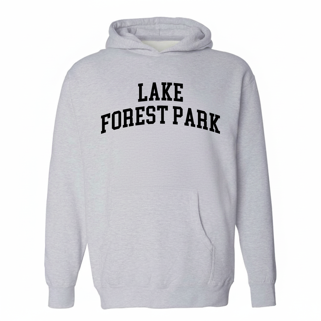 Heather-gray hoodie with the Lake Forest Park varsity arched lettering design on the chest.