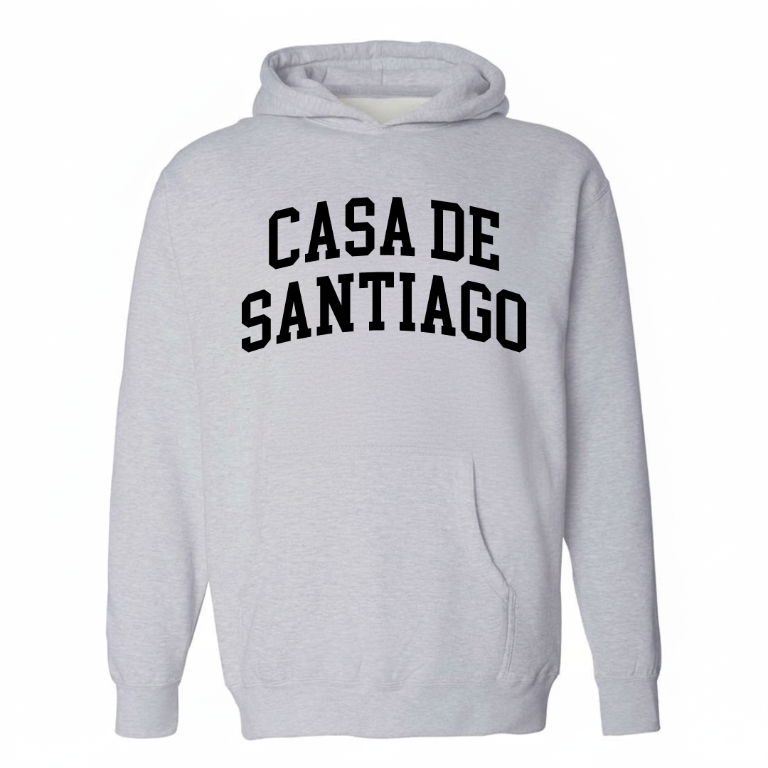Heather-gray hoodie with the Casa de Santiago varsity arched lettering design on the chest.