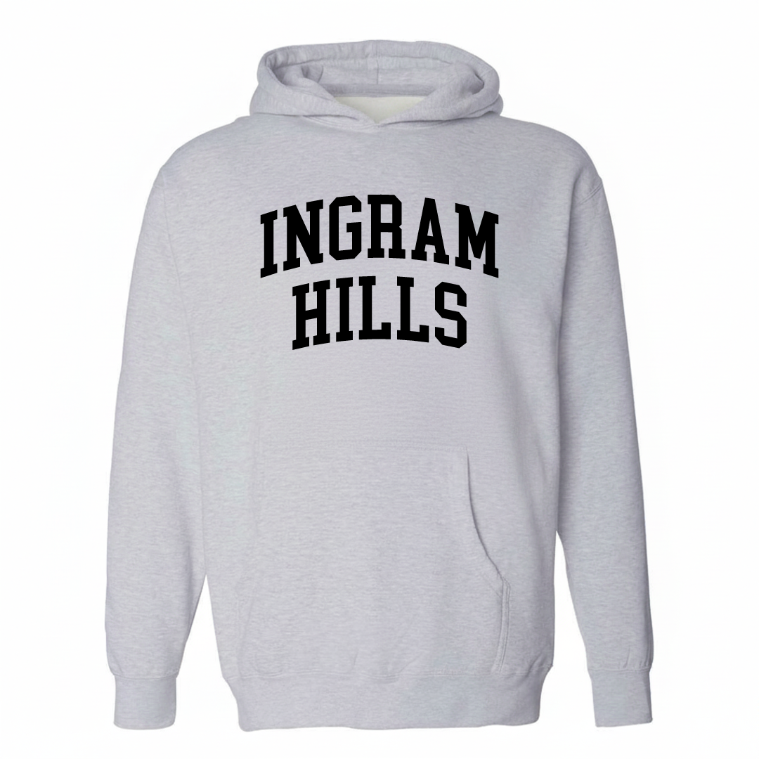 Heather-gray hoodie with the Ingram Hills varsity arched lettering design on the chest.
