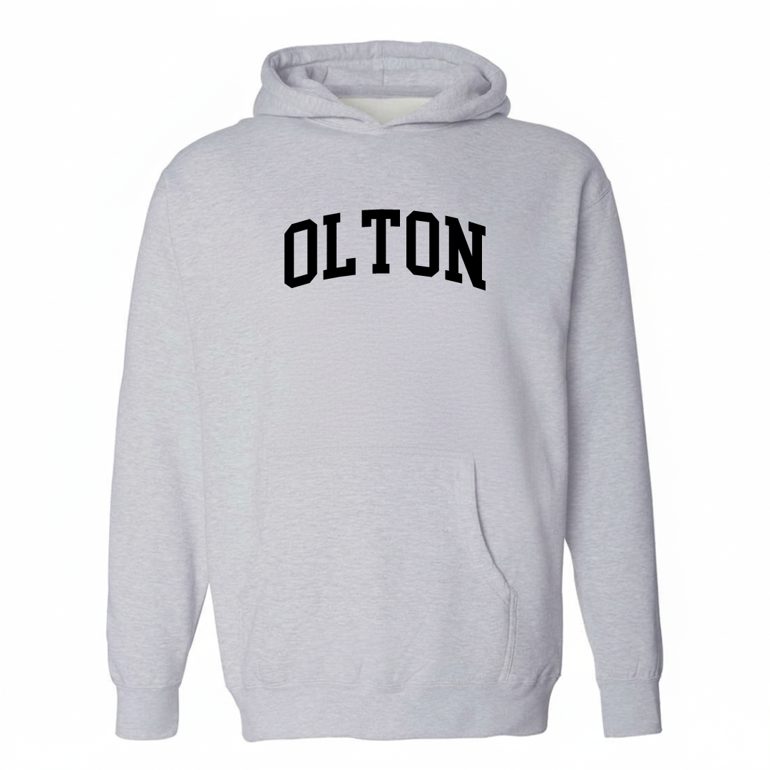 Heather-gray hoodie with the Olton varsity arched lettering design on the chest.