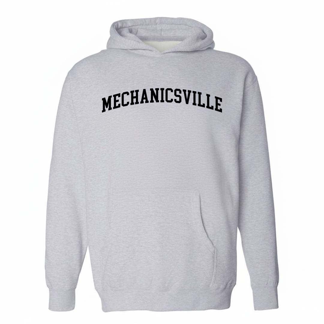 Heather-gray hoodie with the Mechanicsville arched lettering varsity-collegiate design on the chest.