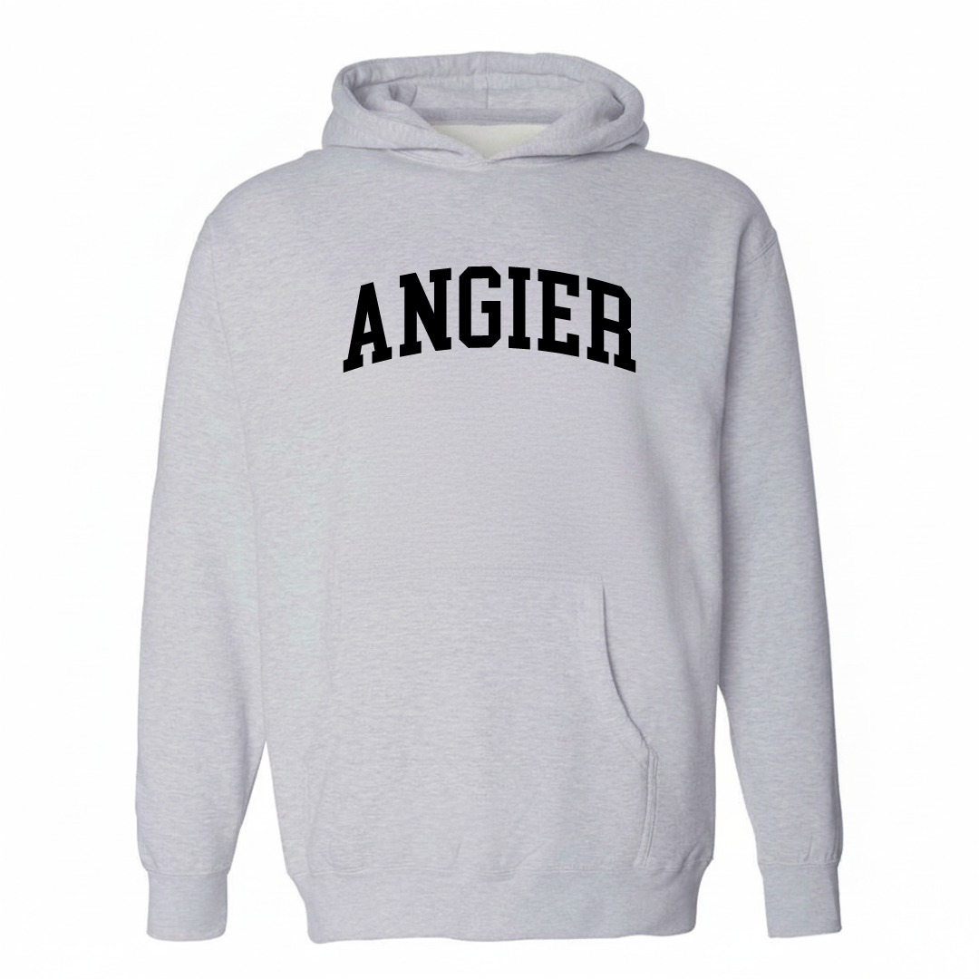 Heather-gray hoodie with the Angier arched varsity lettering design on the chest.