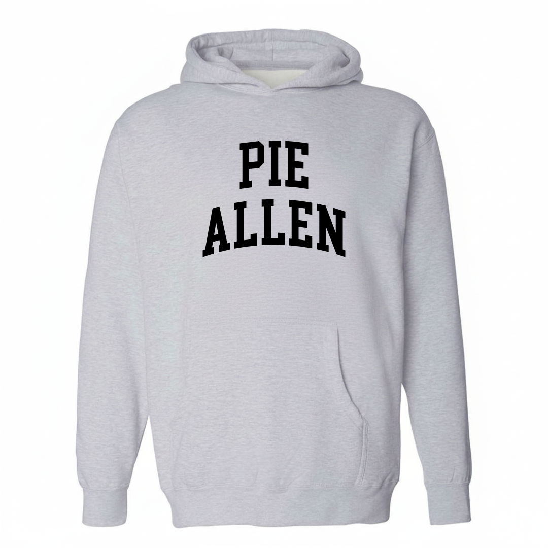 Heather-gray hoodie with the Pie Allen varsity arched lettering design on the chest.