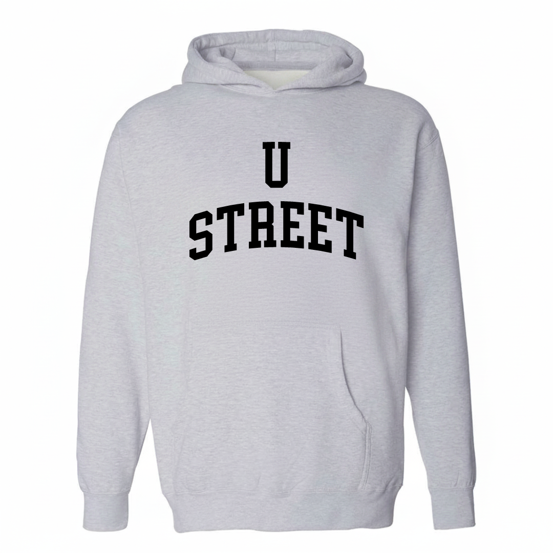 Heather-gray hoodie with the U Street varsity arched lettering design on the chest.
