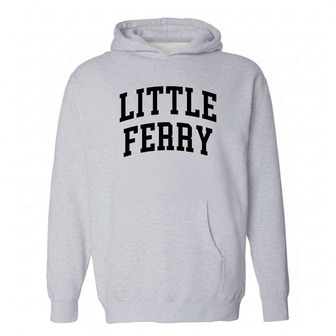 Heather-gray hoodie with the Little Ferry varsity arched lettering design on the chest.