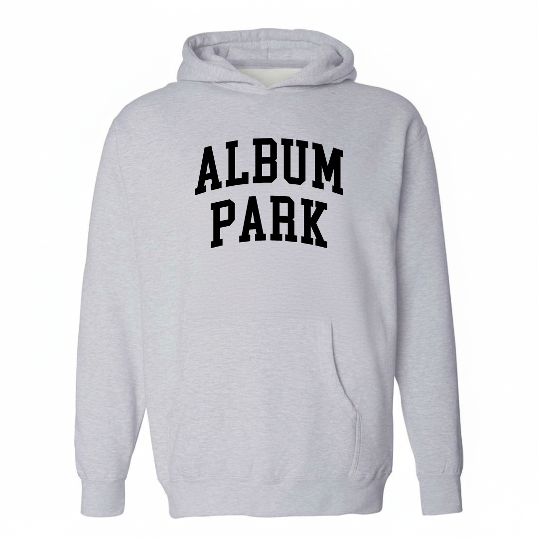 Heather-gray hoodie with the Album Park varsity arched lettering design on the chest.