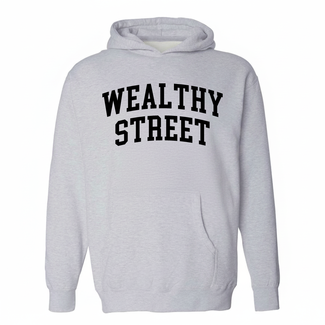 Heather-gray hoodie with the Wealthy Street arched varsity lettering design on the chest.
