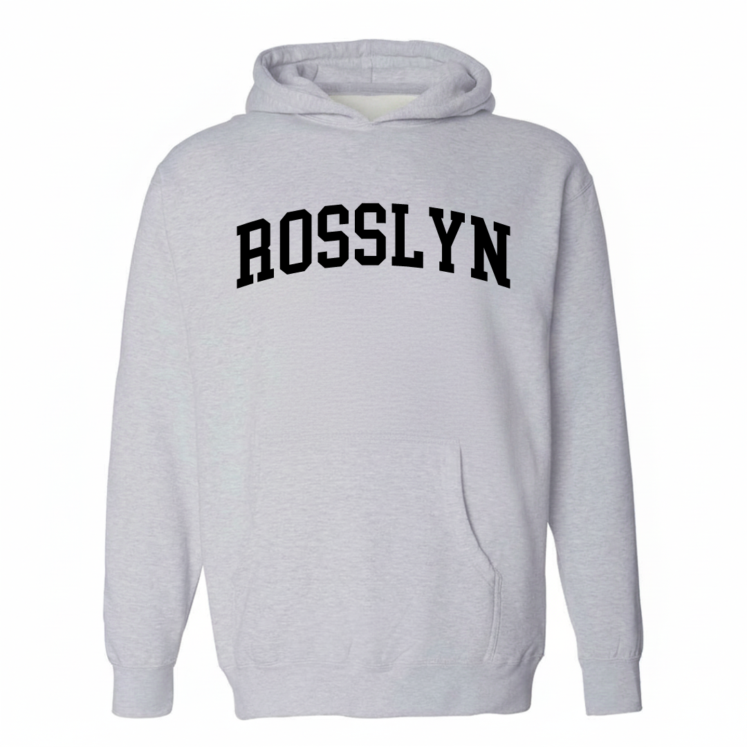 Heather-gray hoodie with the Rosslyn arched varsity lettering design on the chest.