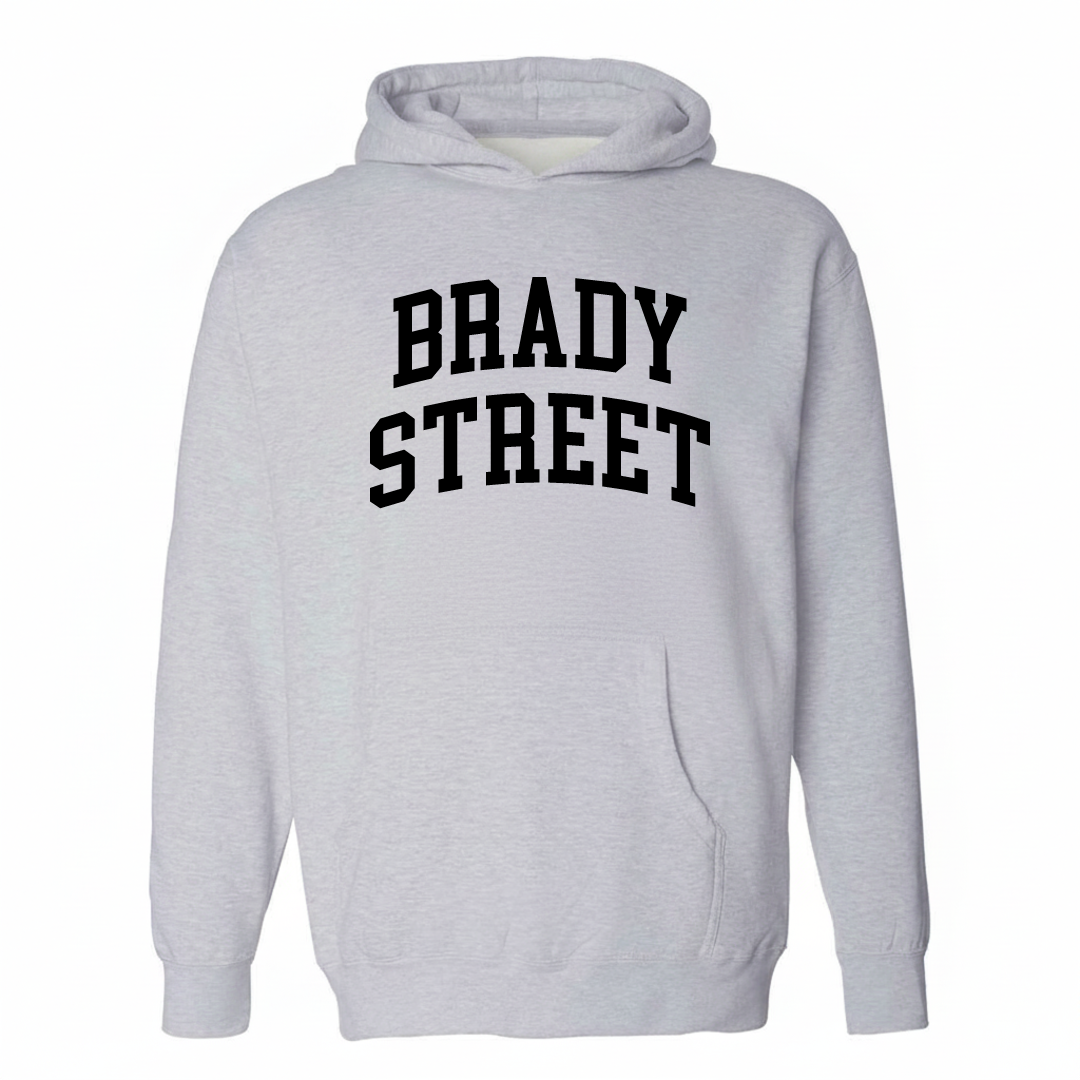 Heather-gray hoodie with the Brady Street varsity arched lettering design on the chest.