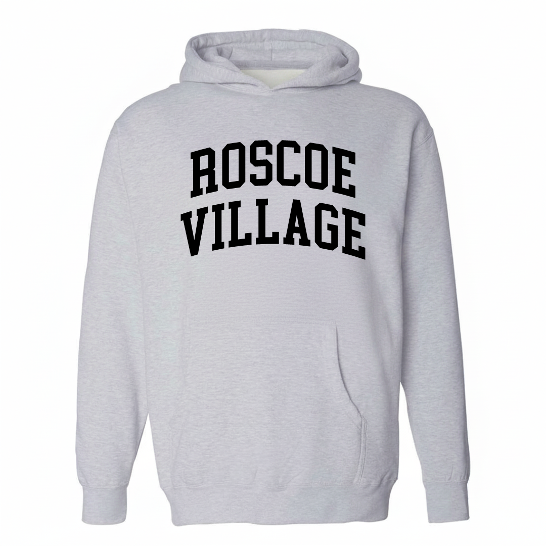 Heather-gray hoodie with the Roscoe Village varsity arched lettering design on the chest.