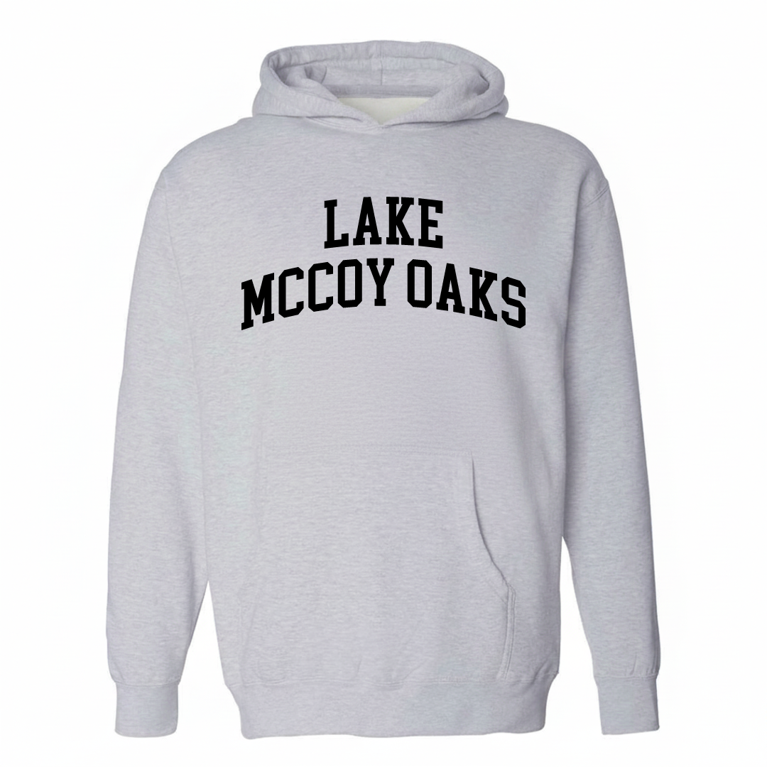 Heather-gray hoodie with the Lake McCoy Oaks arched lettering design on the chest.