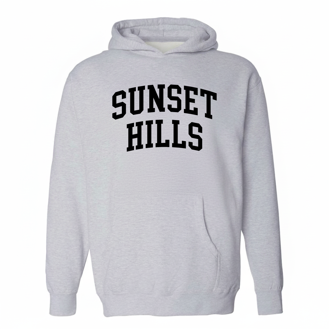 Heather-gray hoodie with the Sunset Hills varsity arched lettering design on the chest.