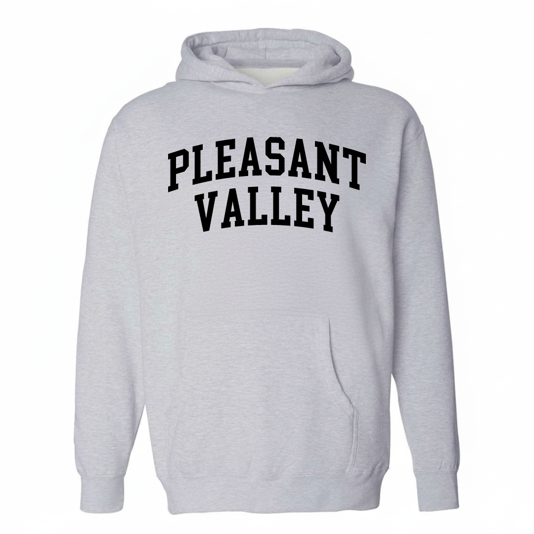 Heather-gray hoodie with the Pleasant Valley varsity arched lettering design on the chest.