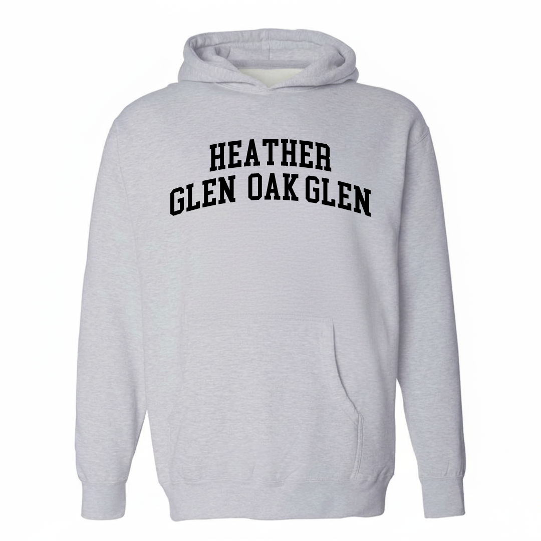 Heather-gray hoodie with the Heather Glen Oak Glen varsity arched lettering design on the chest.