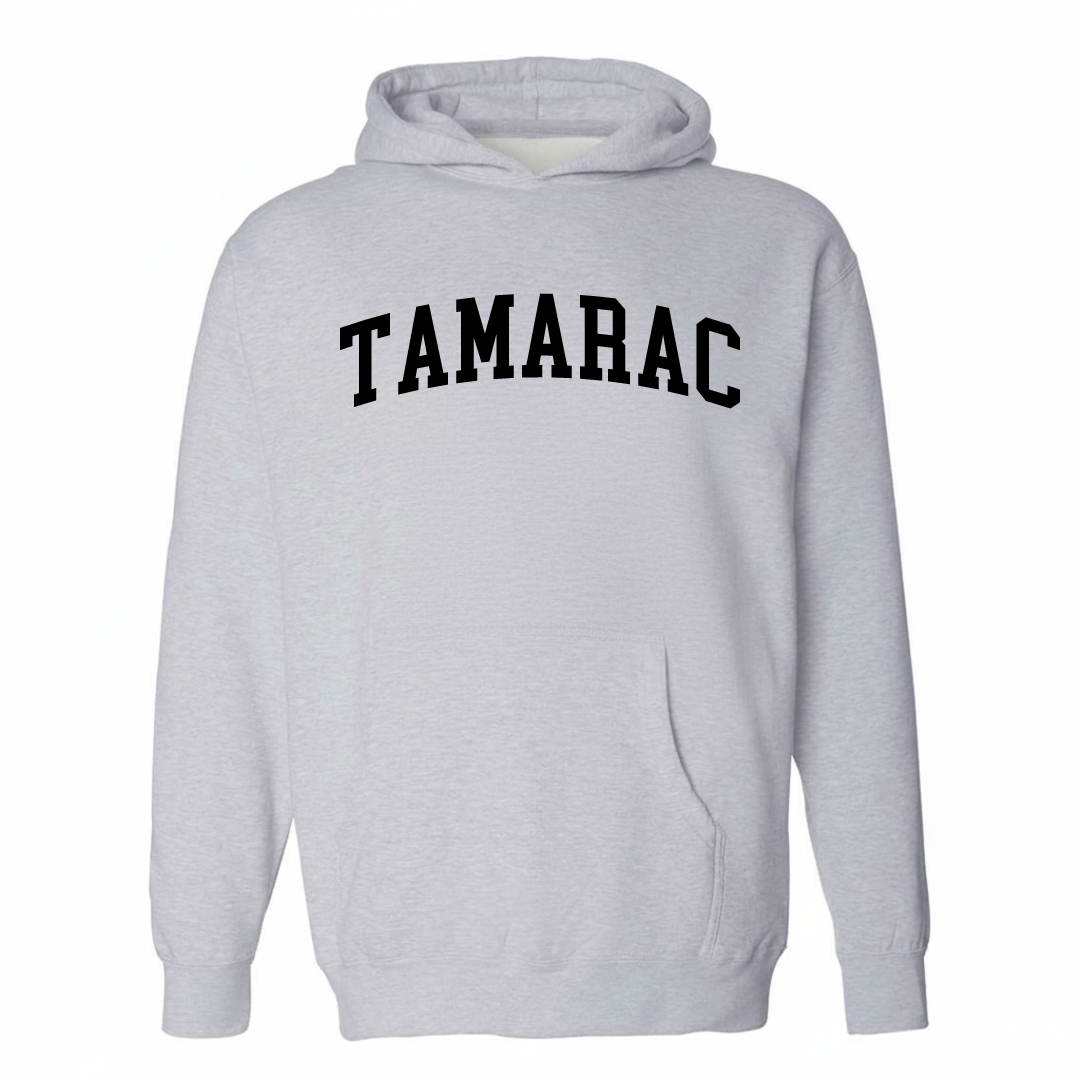 Heather-gray hoodie with the Tamarac varsity arched lettering design on the chest.